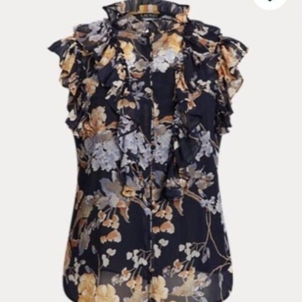 Lauren Ralph Lauren Navy Floral Ruffle Sleeveless Blouse